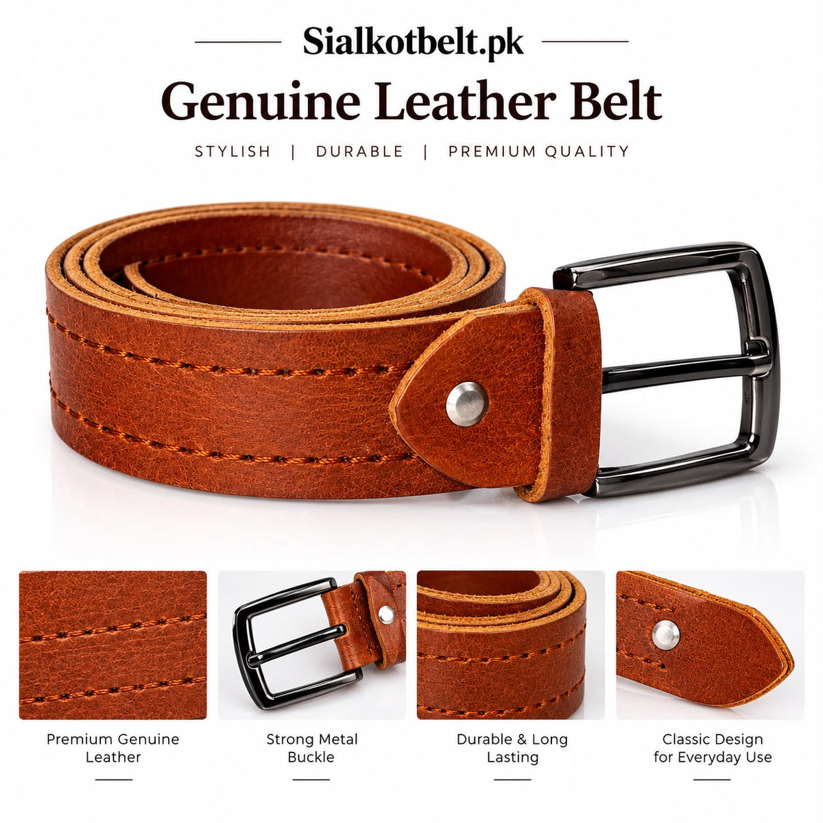 🤎 Premium Tan Brown Stitched Leather Belt for Men