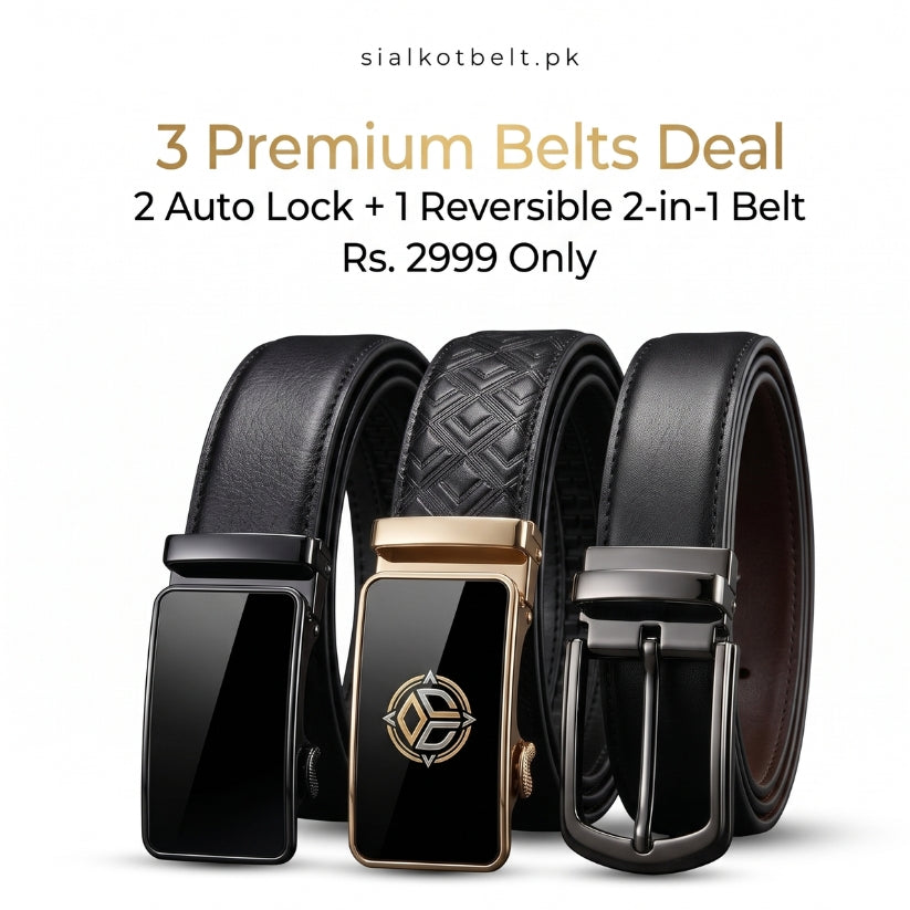 3 Premium Men's Belts Deal (2 Auto Lock + 1 Reversible 2-in-1 Belt)