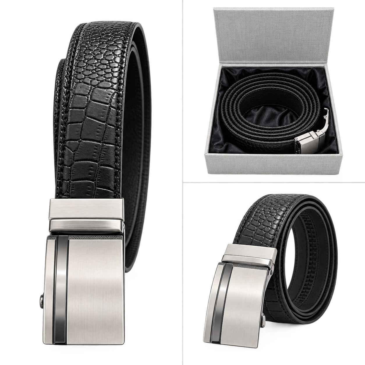 2 in 1 Pure Auto Lock Belt Crocodile Texture (100% Pure Leather )
