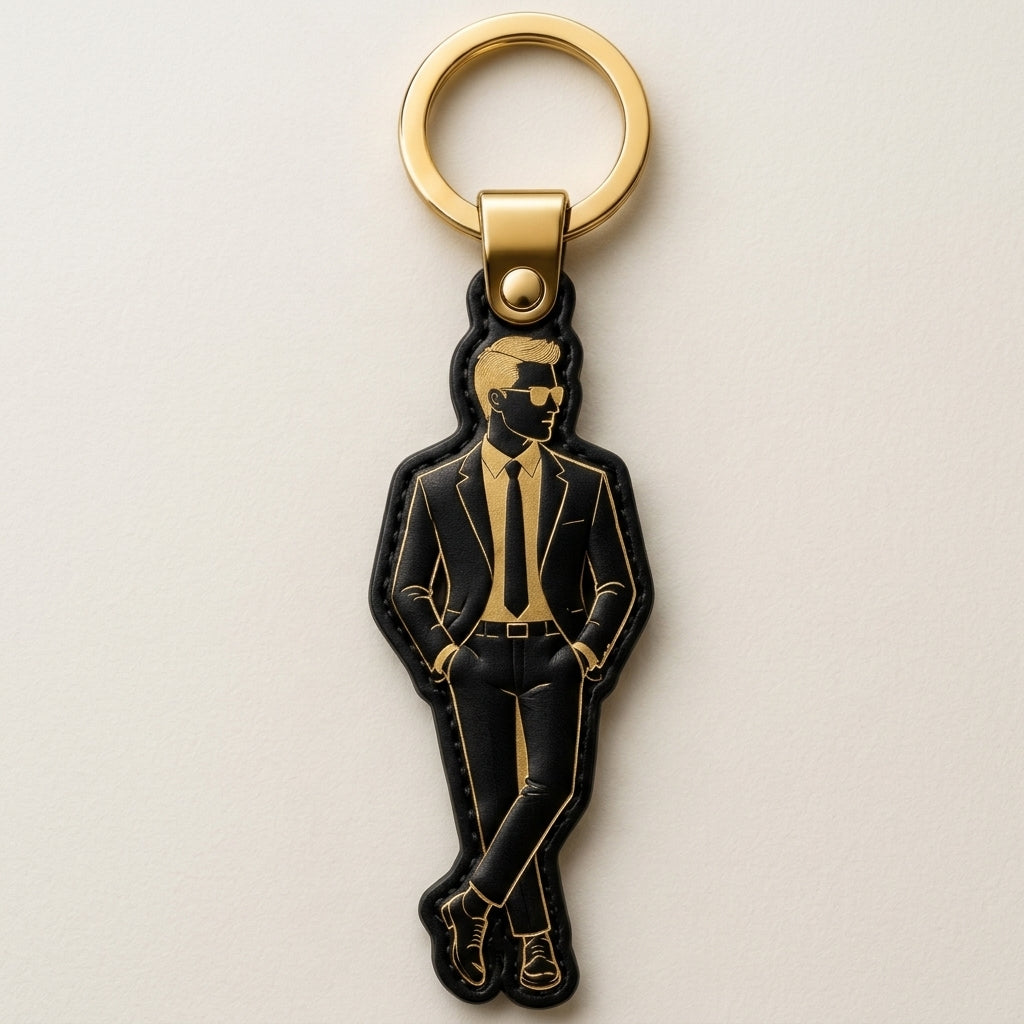 The Gentleman Silhouette: Premium Embossed Leather Keychain.