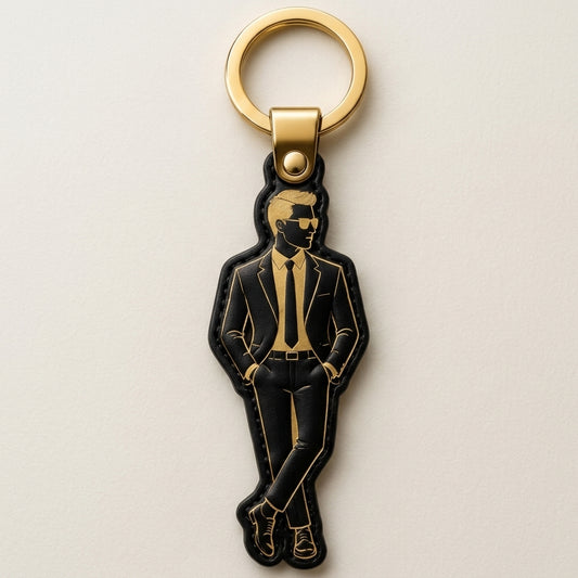 The Gentleman Silhouette: Premium Embossed Leather Keychain.