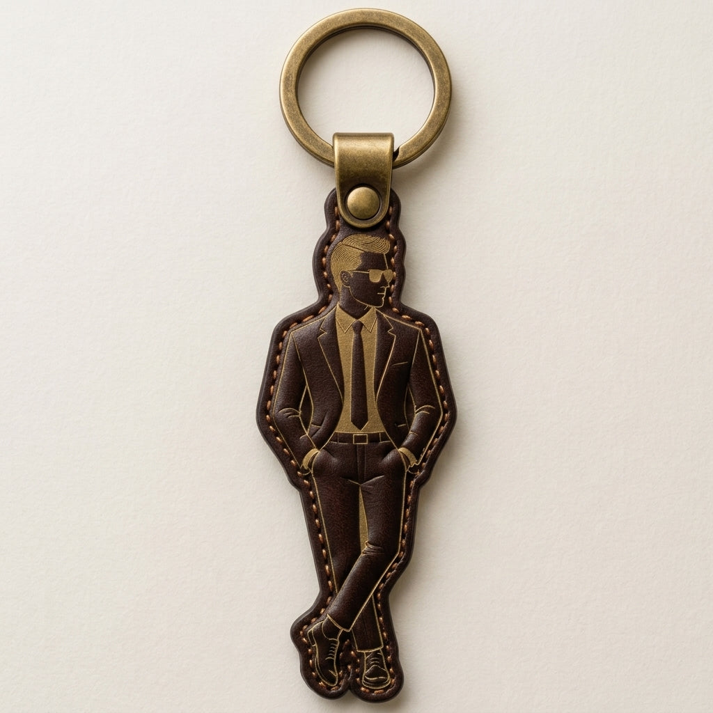 The Gentleman Silhouette: Premium Embossed Leather Keychain.