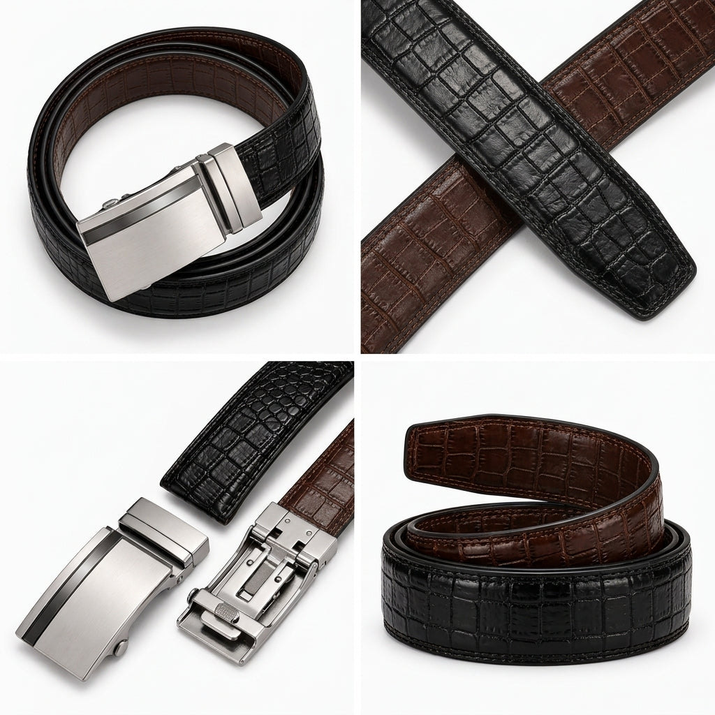 2 in 1 Pure Auto Lock Belt Crocodile Texture (100% Pure Leather )