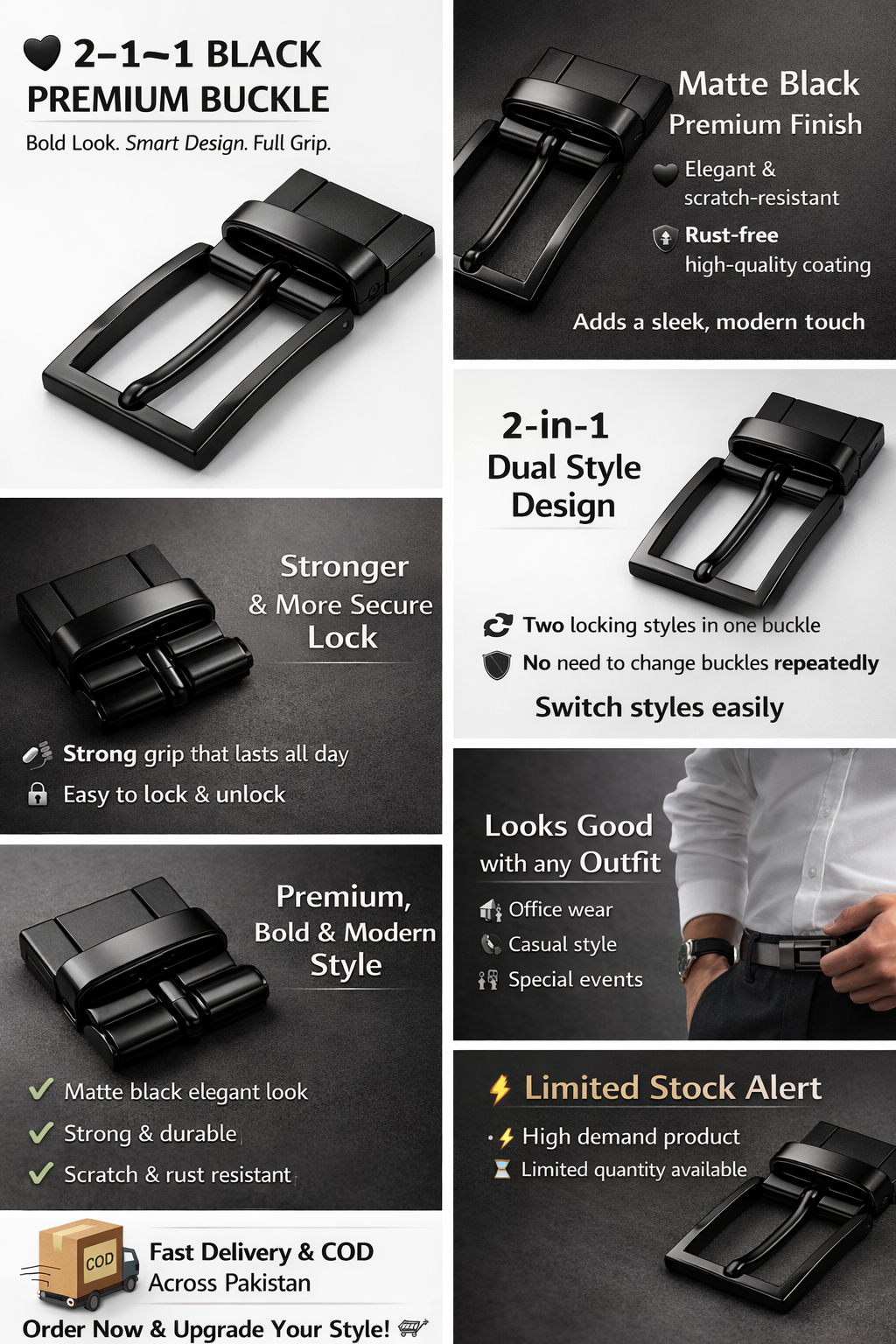 2-in-1 Silver Premium Black Buckle