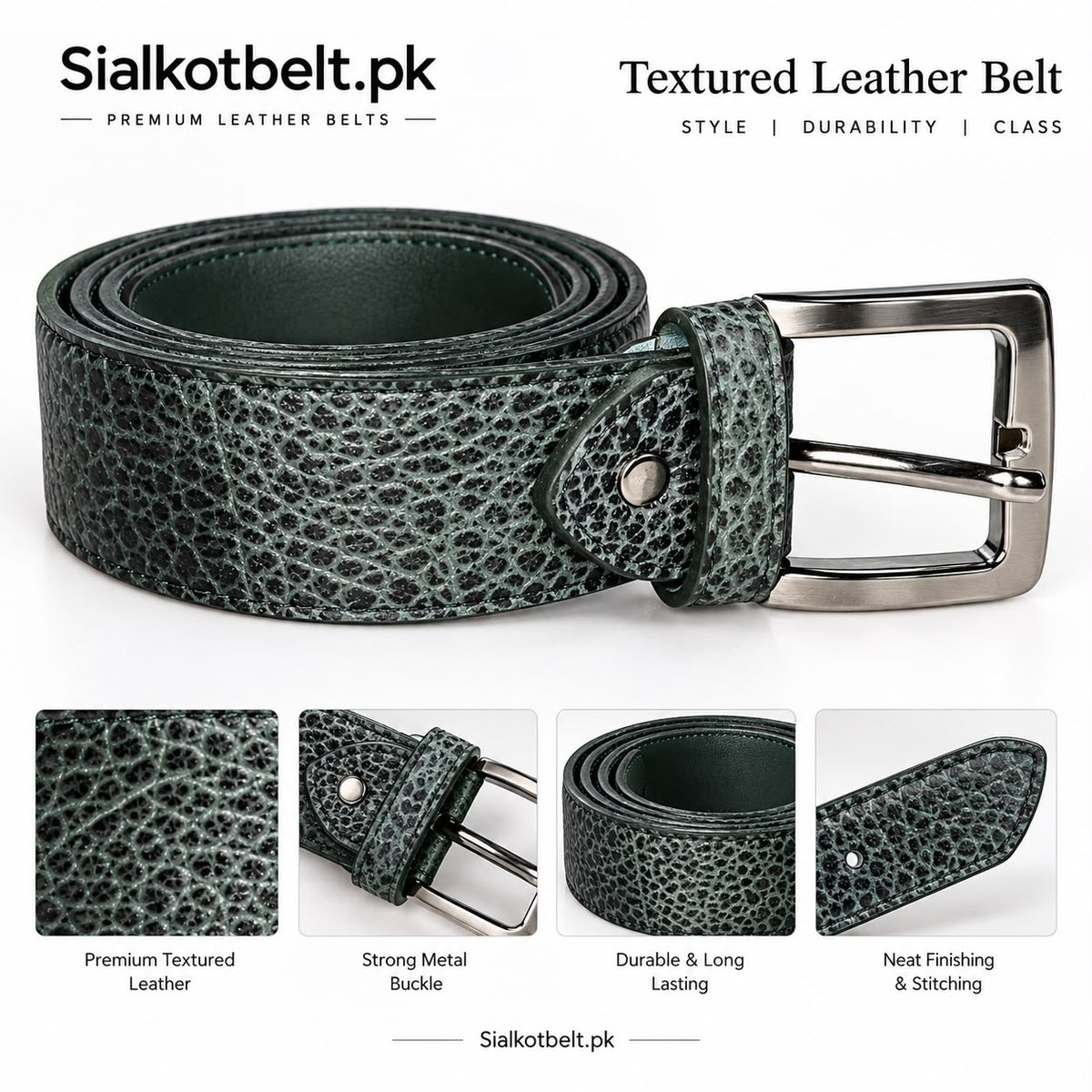 Premium Black Green Textured Leather Belt for Men