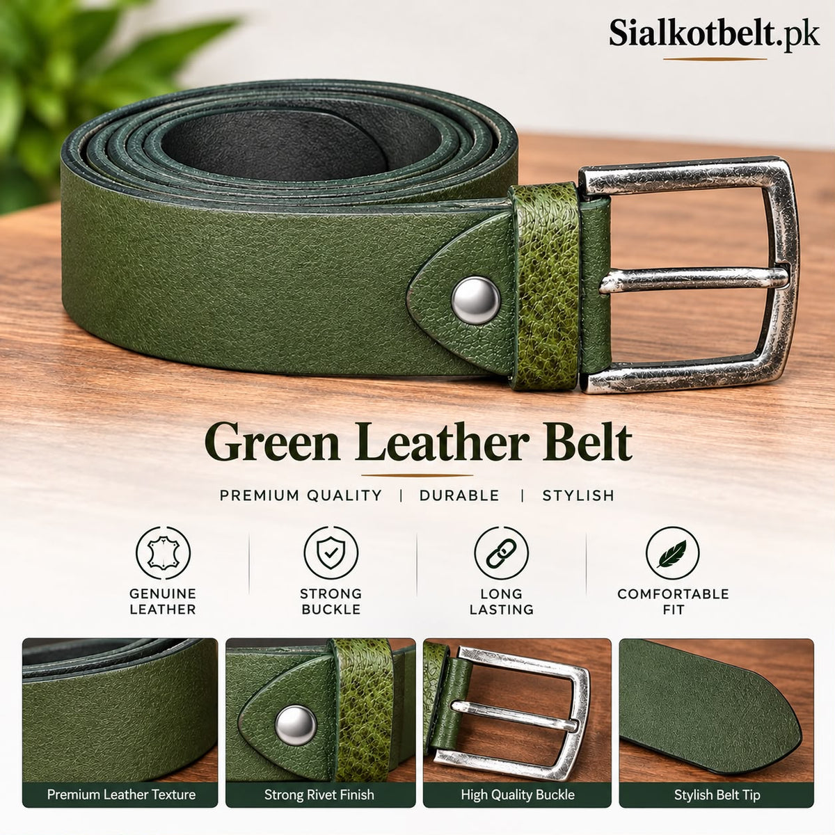💚 Premium Olive Green Textured Leather Belt for Men